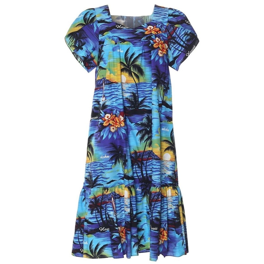 Royal Creations Women Large Hawaiian Muumuu Midi Dress Blue Tropical Palm Cotton